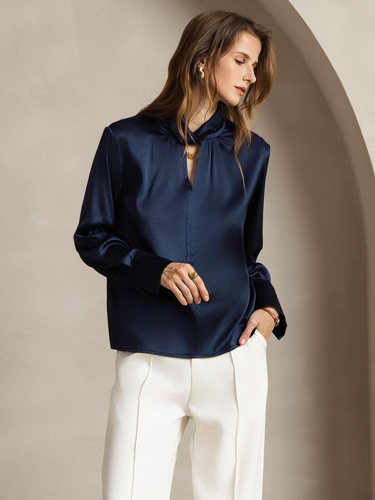 [DarkBlue] SilkSilky 19Momme Silk Keyhole Neck Women's Shirt 006