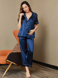 SilkSilky US Pure Silk Short Sleeve Lapel Women's Pajamas DarkBlue 005