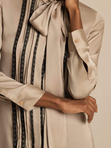 [Tan] SilkSilky 19Momme Silk Long Sleeve Tie Neck Dress 005