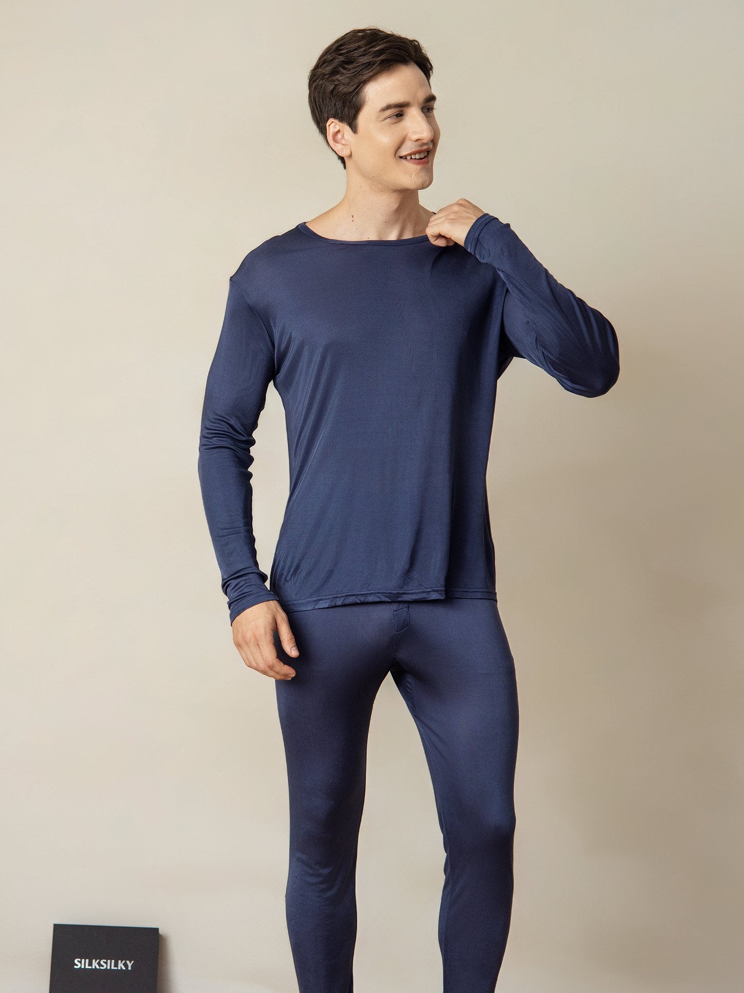 [DarkBlue] SilkSilky Silk Round Neck Men's Pajamas 003