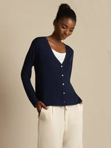 Black 100% silk V-neck cardigan with long sleeves and button front