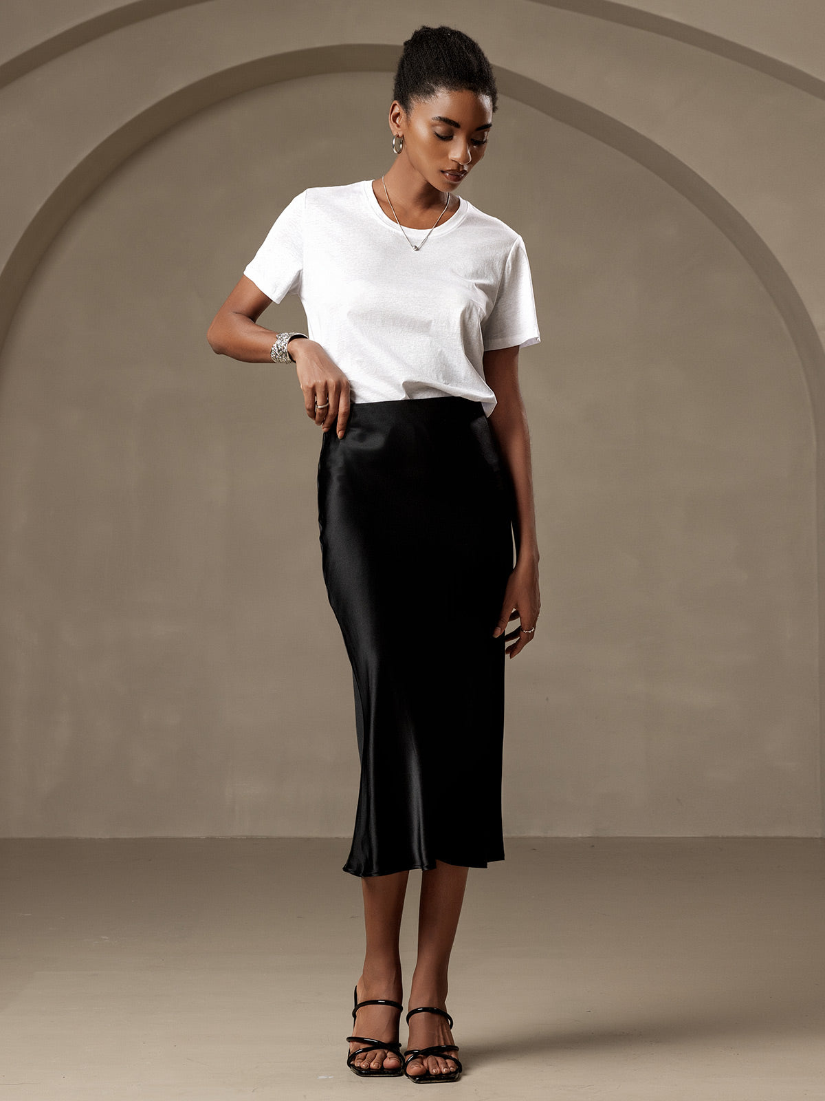 [Black] SilkSilky  19Momme Pure Silk Skirt 004