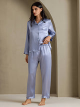 [Steel Blue] SilkSilky  Long Sleeve Lapel Collar Women's Pajamas 008