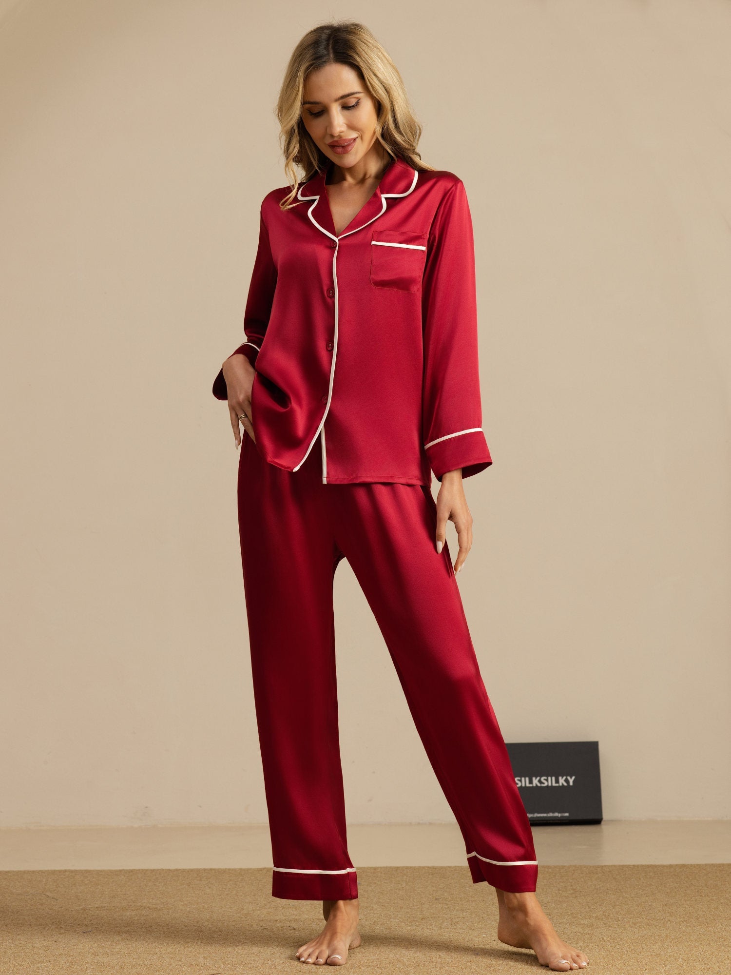 [Wine] SilkSilky  Long Sleeve Notch Collar Women's Pajamas 006