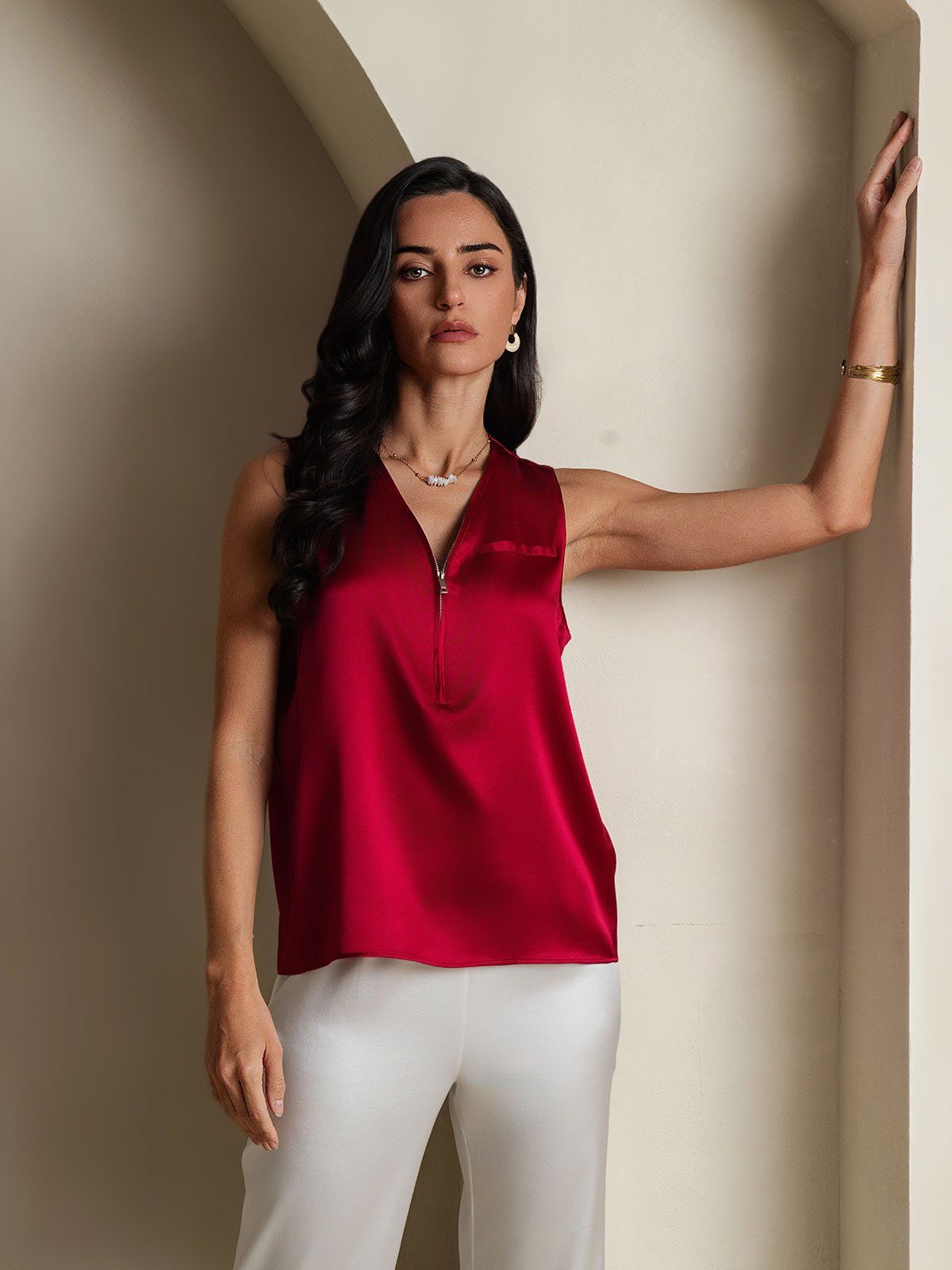SilkSilky 19Momme Silk Sleeveless V Neck Women's Shirt Wine 006