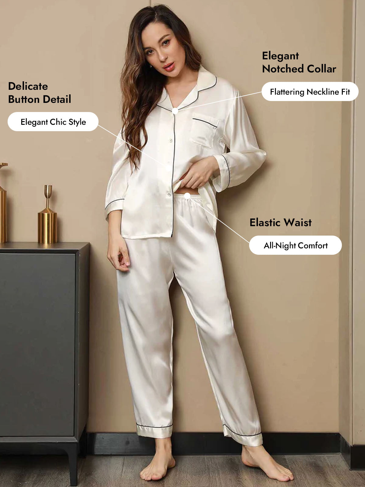 [White] SilkSilky  Silk Long Sleeve Notch Collar Women's Pajamas 005