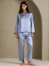 [Steel Blue] SilkSilky  Long Sleeve Lapel Collar Women's Pajamas 006