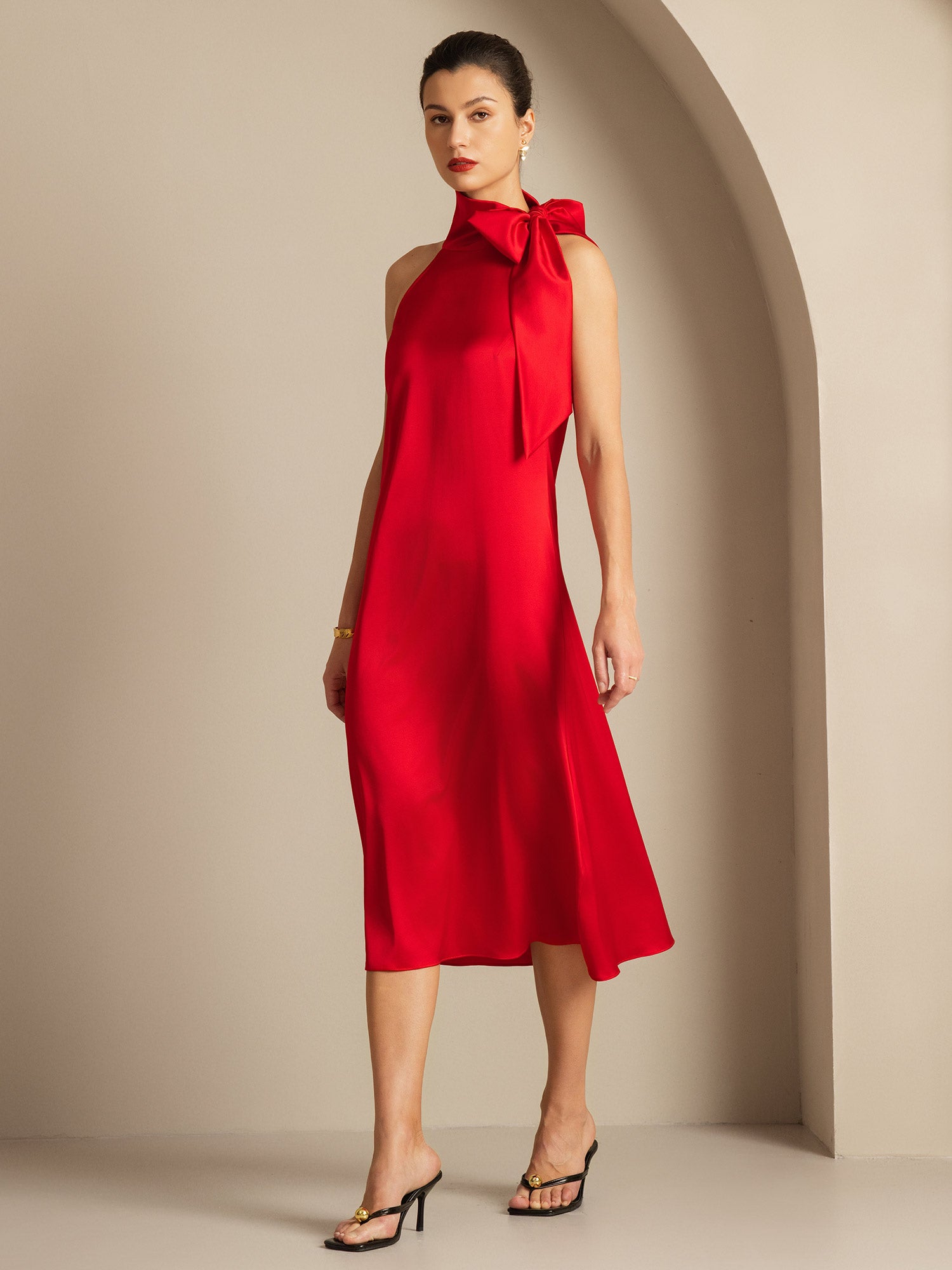 [Red] SilkSilky  19Momme Silk Tie Neck Dress 006,