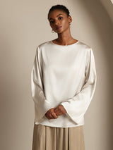 [White] SilkSilky  19Momme Stretch Silk Charmeuse Long Sleeve Boat Neck Blouse 003