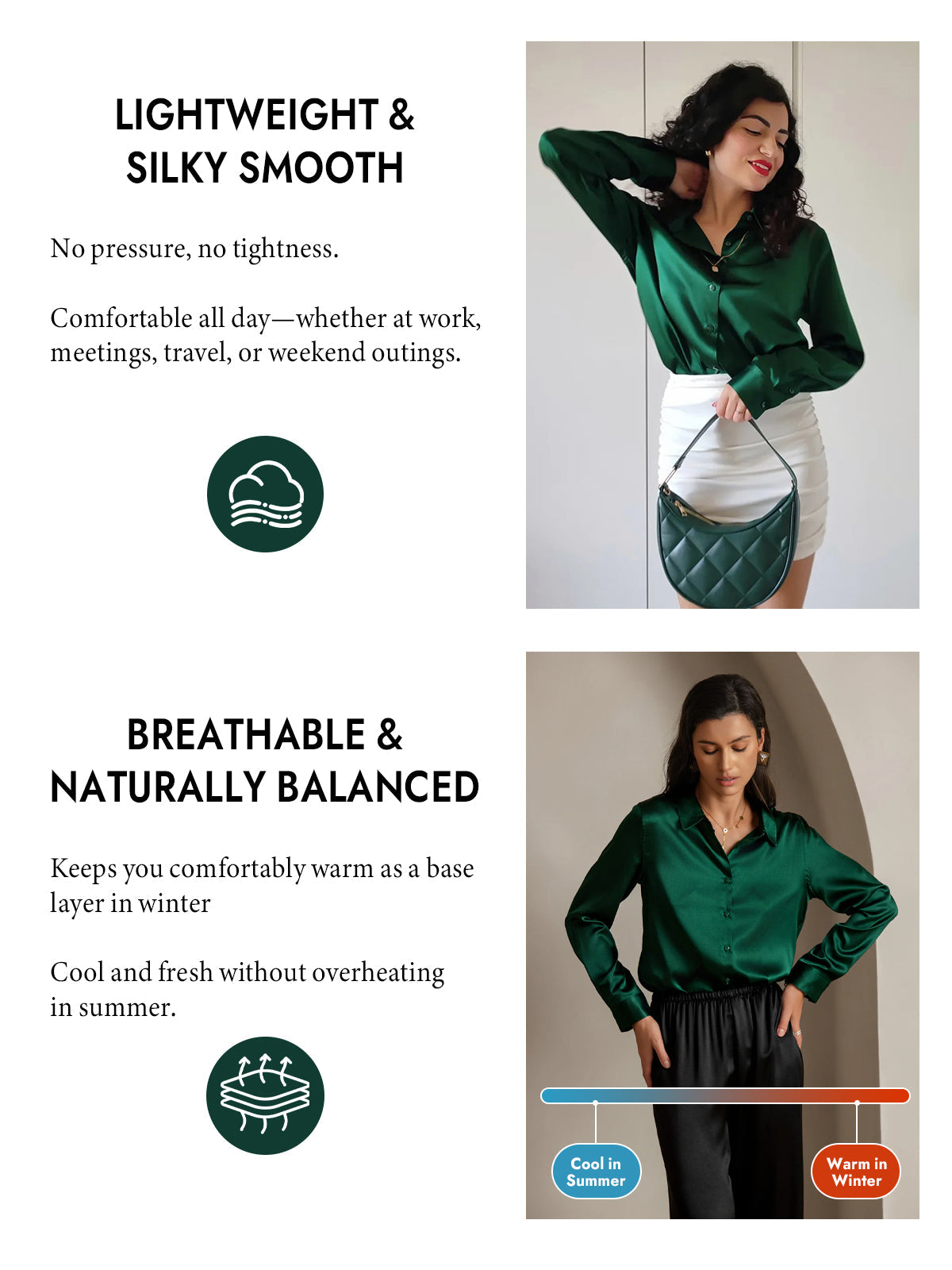 [Dark Green] SilkSilky  Silk Long Sleeve Lapel Collar Women's Shirt 004