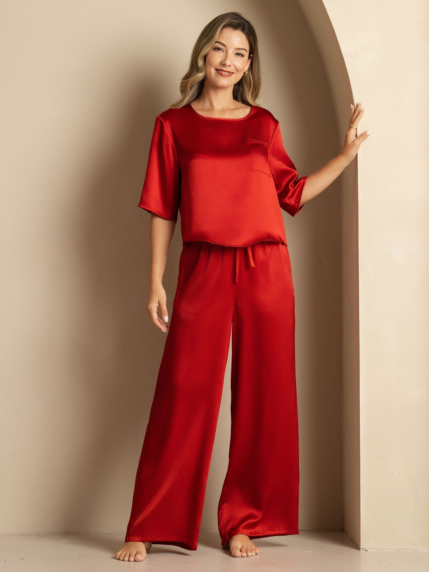 [Wine] SilkSilky  Half Sleeve Round Neck Women's Pajamas 005