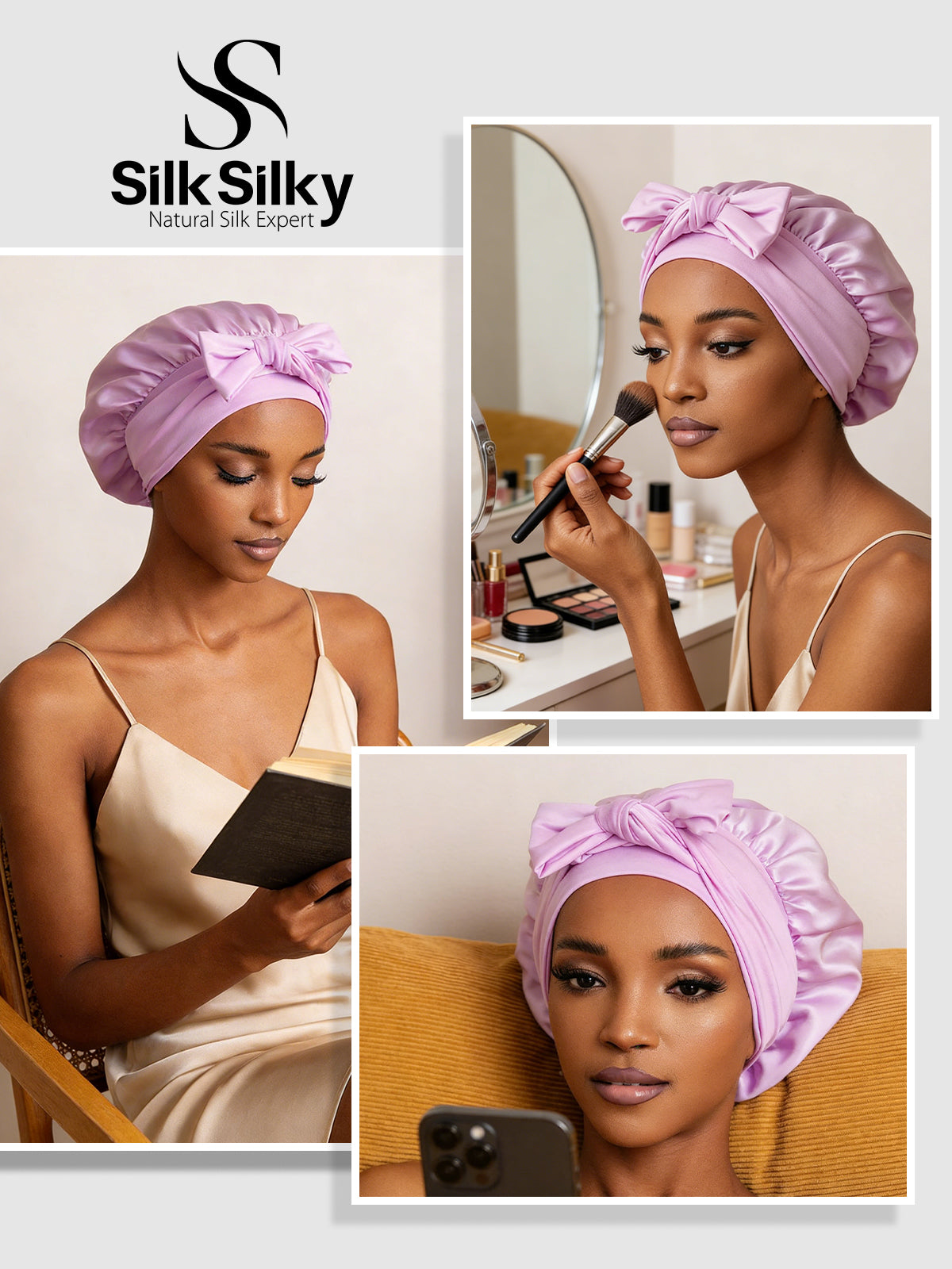 [Lavender] SilkSilky  Pure Silk Sleep Cap 005