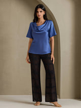 [Real Teal] SilkSilky  Short Sleeve Cowl Neck Women's Blouse 006