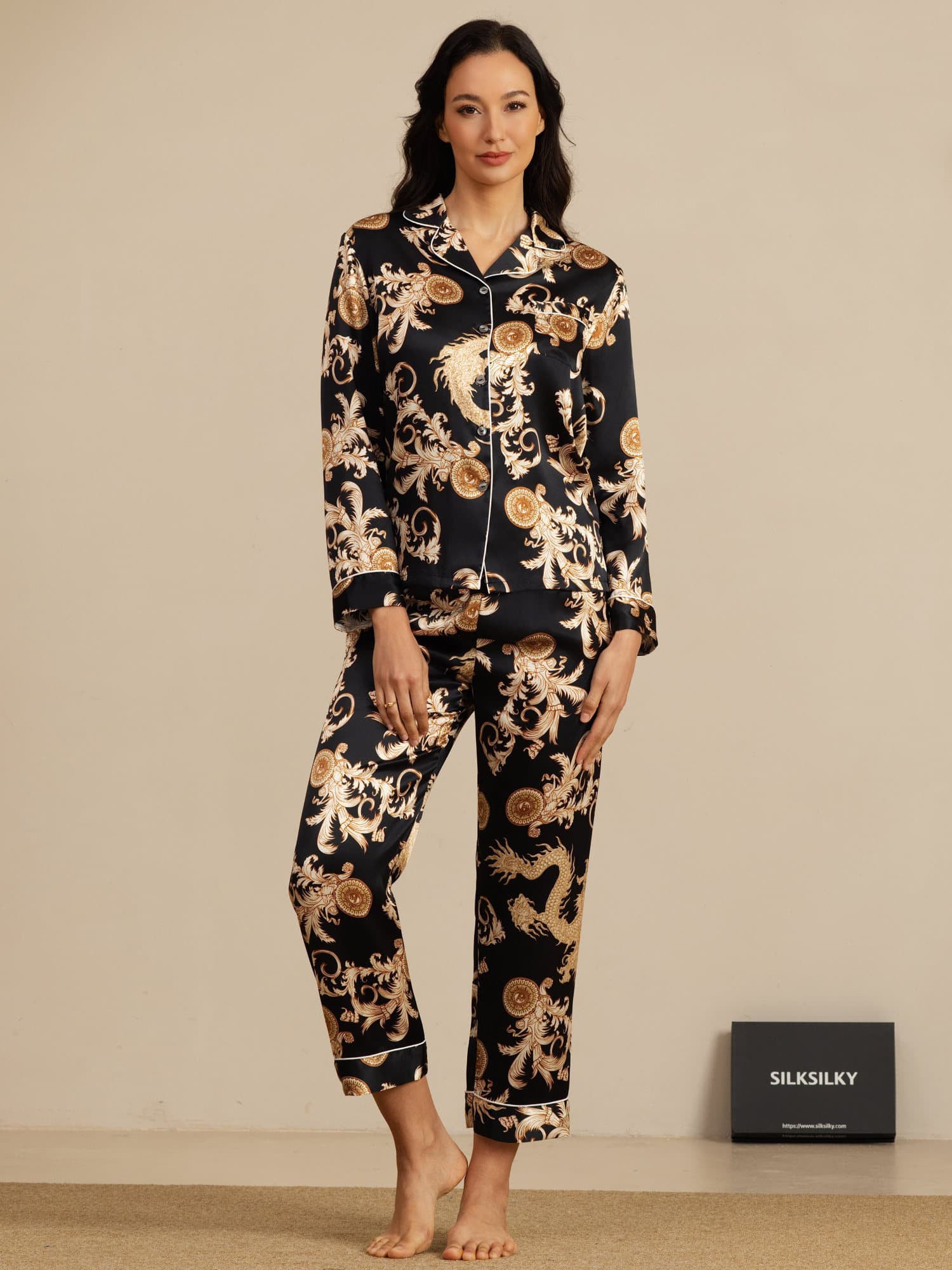 [Black Dragon] SilkSilky  Long Sleeve Notch Collar Women's Pajamas 007