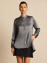 Ivory silk women’s blouse with stand collar, button front and high-low hem