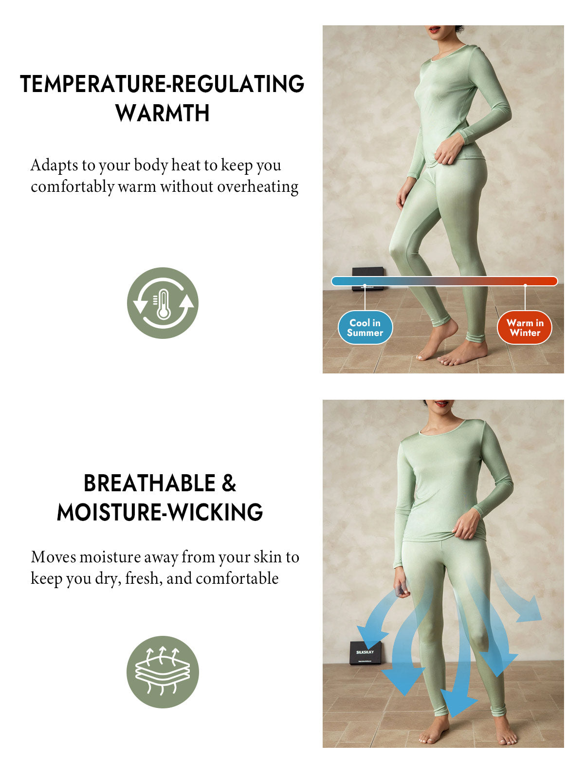 [Green] SilkSilky  Silk Long Sleeve Round Neck Long Johns 005