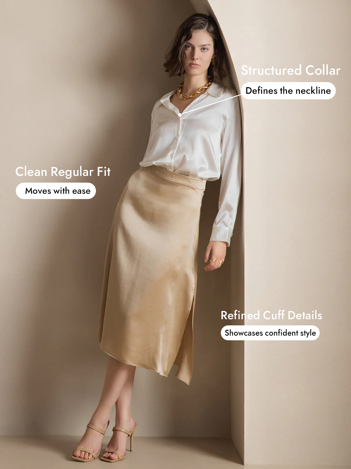 [White] SilkSilky  Silk Long Sleeve Lapel Collar Women's Shirt 005