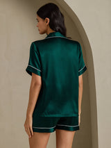 [Dark Green] SilkSilky  Short Sleeve Lapel Collar Women's Pajamas 002