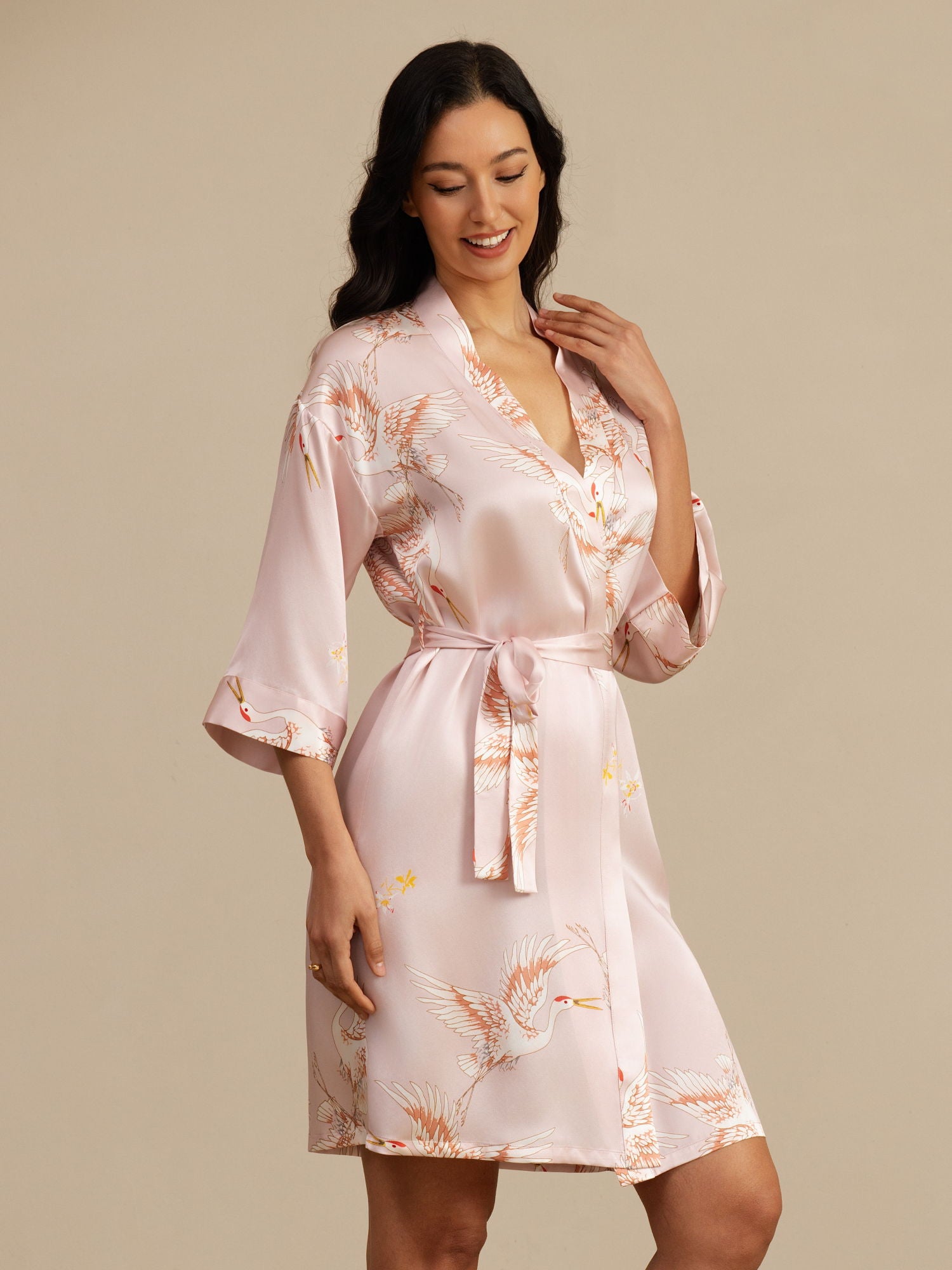 [Pink] SilkSilky  19Momme 3/4 Sleeve Women's Robe 007