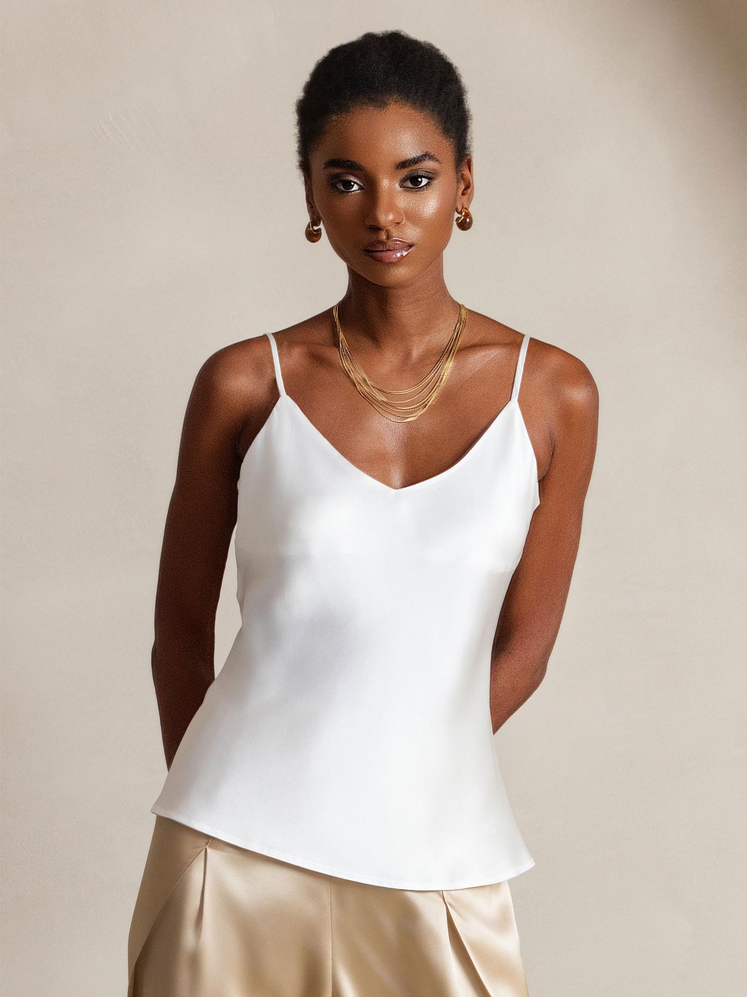 [White] SilkSilky  Pure Silk Spaghetti Strap V Neck Camisole Top 001