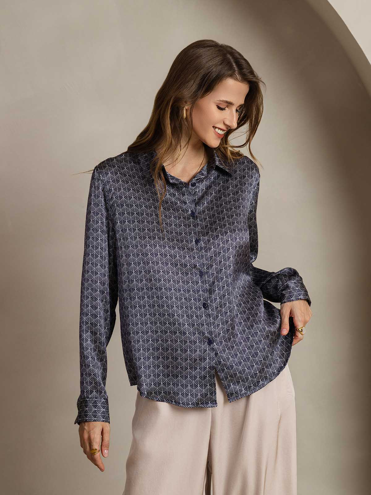 [Navy Ginkgo] SilkSilky  Long Sleeve Lapel Collar Women's Shirt 005