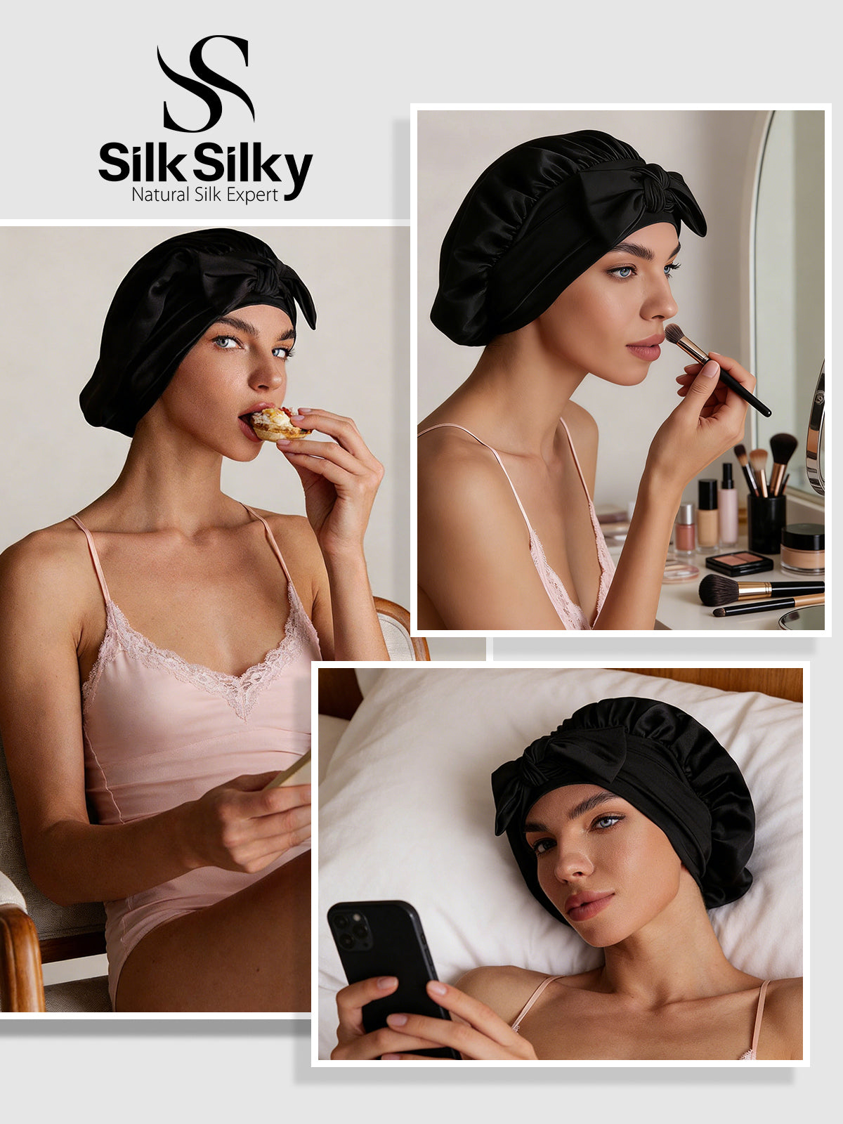 [Black] SilkSilky  Pure Silk Sleep Cap 005