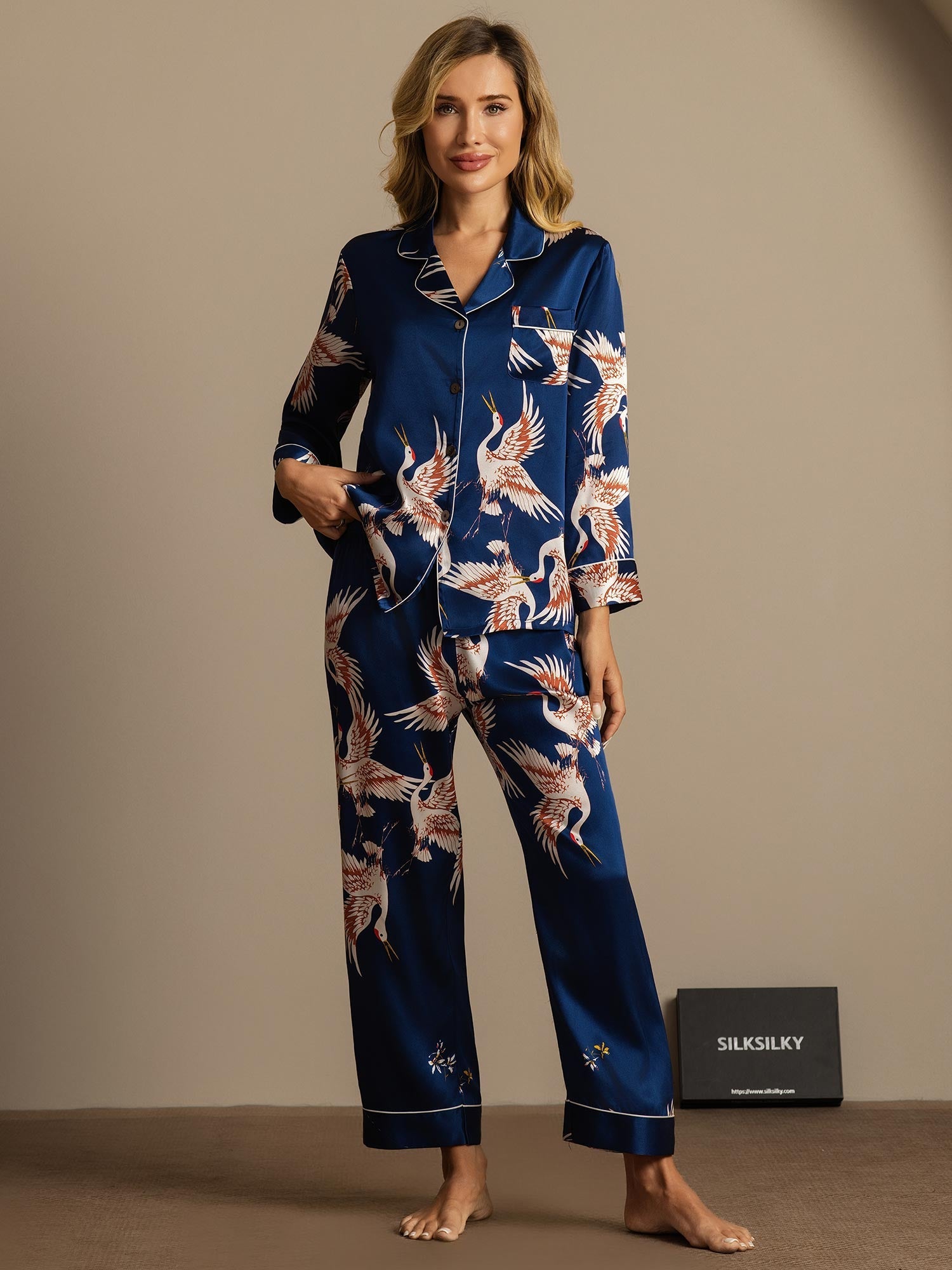 [Dark Blue] SilkSilky  19Momme Pure Silk Notch Collar Women's Pajamas 004,