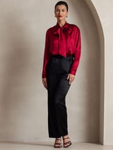 [Wine] SilkSilky  19Momme Stretch Silk Charmeuse Long Sleeve Tie Neck Blouse 006