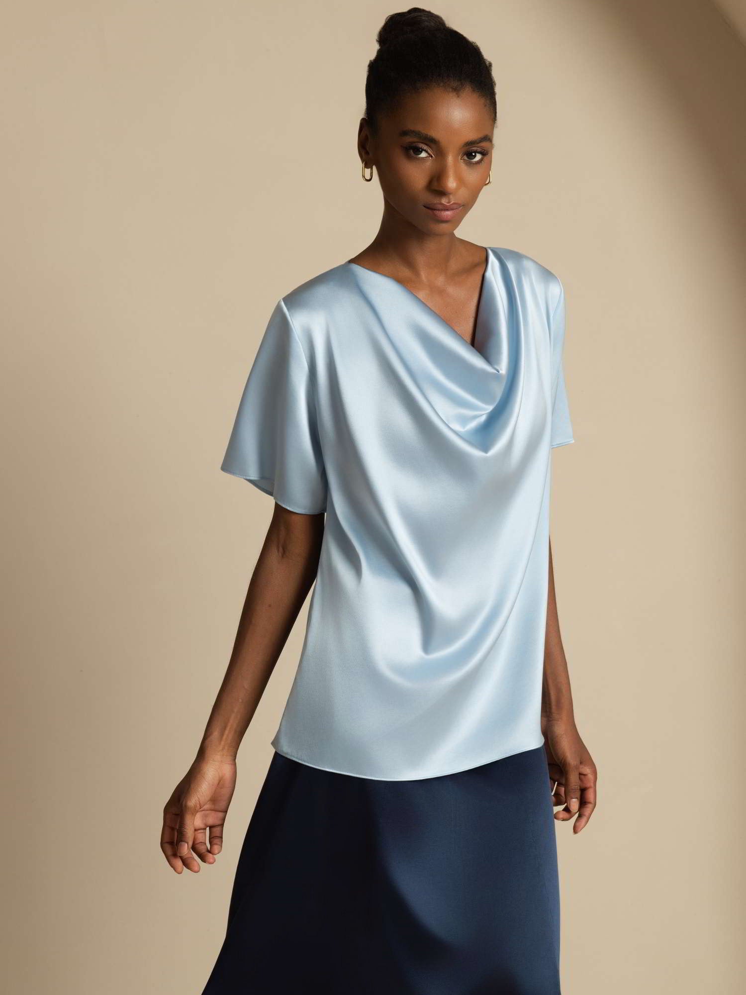 [Grayish Blue] SilkSilky  19Momme Silk Short Sleeve Cowl Neck Blouse 005