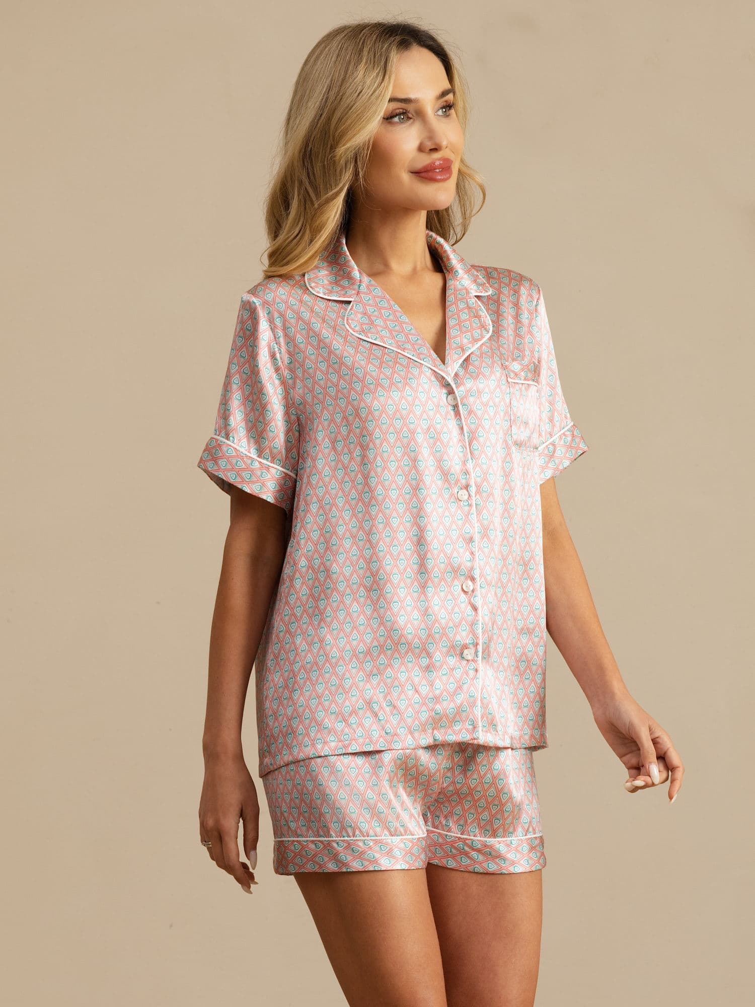 [Pink Heart Geo] SilkSilky  Short Sleeve Notch Collar Women's Pajamas 004