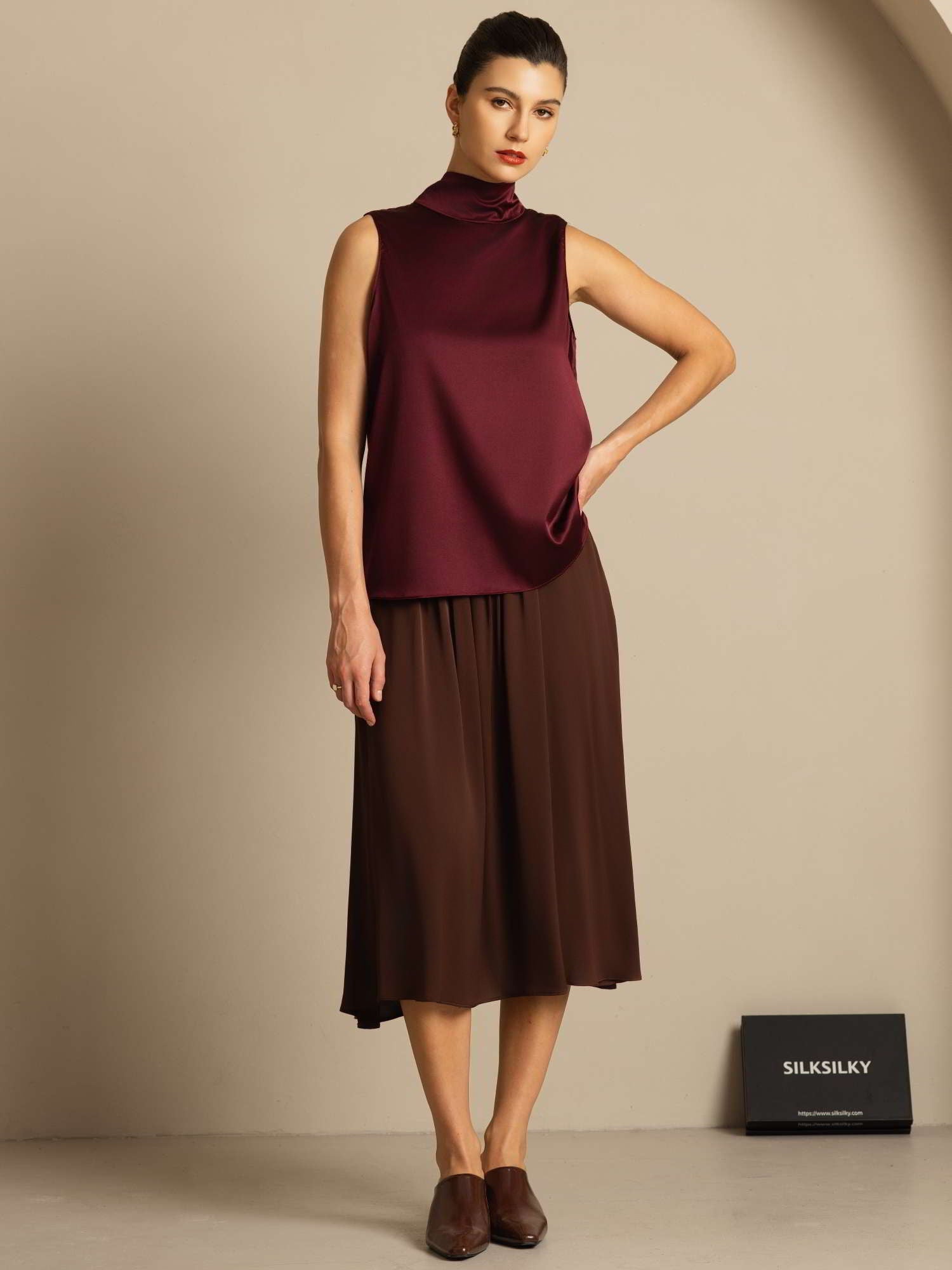 [Dark Red] SilkSilky  19Momme Silk Sleeveless Tie Neck Blouse 009