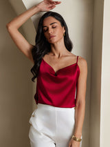 [Wine] SilkSilky  19Momme Stretch Silk Charmeuse Spaghetti Strap Cowl Neck Camisole Top 007