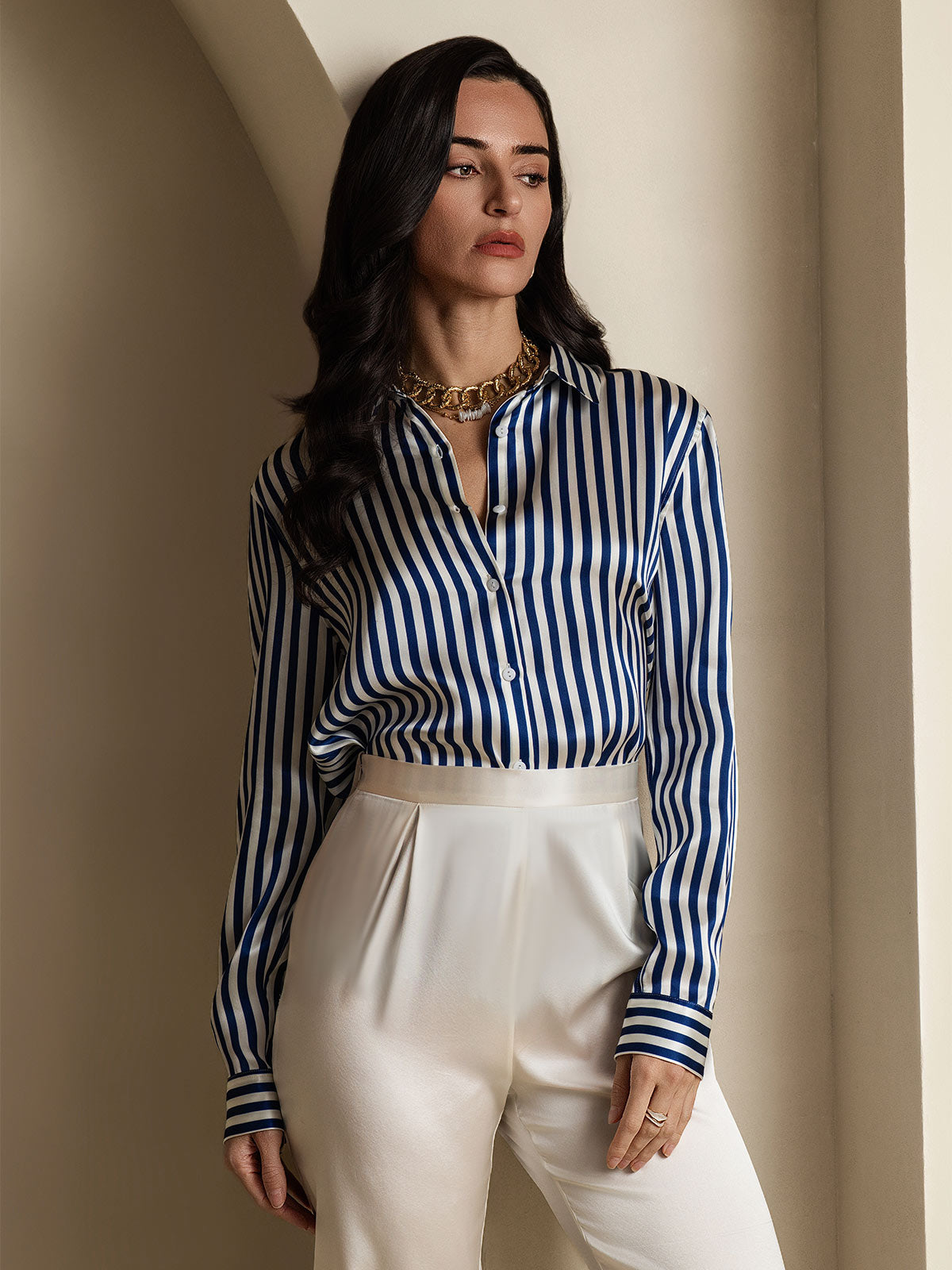[Navy Stripe] SilkSilky  Silk Lapel Collar Women's Shirt 005,