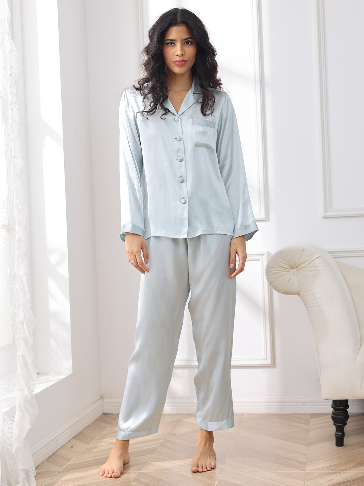 [Light Blue] SilkSilky  Pure Silk Long Sleeve Notch Collar Women's Pajamas 003