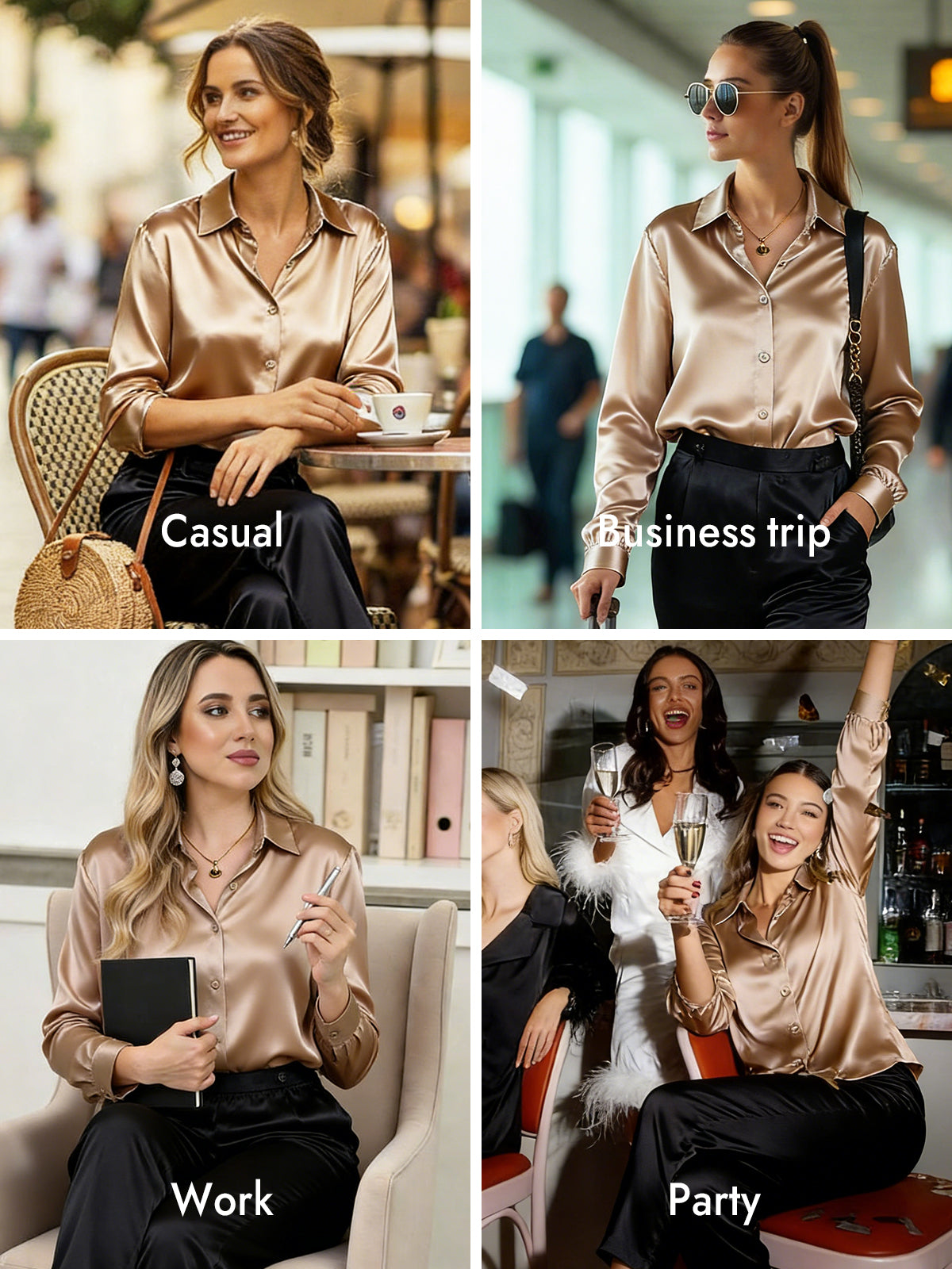 [Champagne] SilkSilky  Silk Long Sleeve Lapel Collar Women's Shirt 011