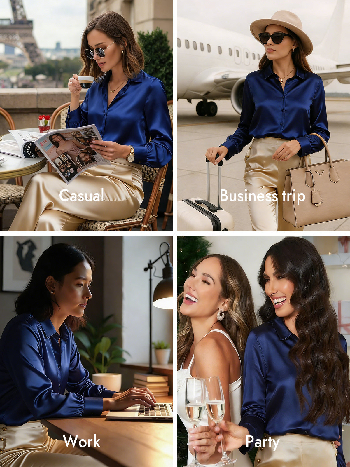 [Dark Blue] SilkSilky  Silk Long Sleeve Lapel Collar Women's Shirt 009