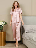 SilkSilky US Pure Silk Short Sleeve Lapel Women's Pajamas Pink 004