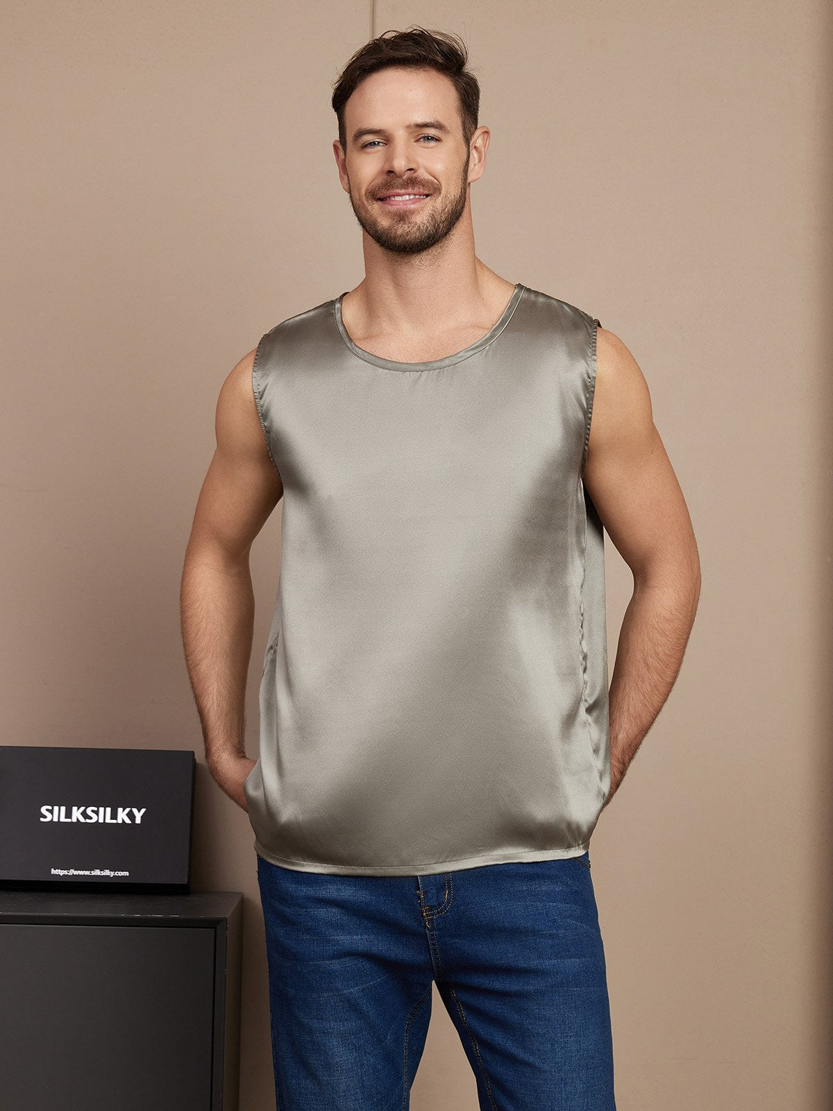 [Grayish Green] SilkSilky  Pure Silk Mens T-Shirt 001