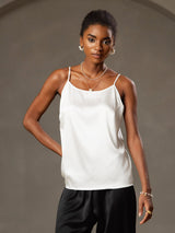 [White] SilkSilky  19Momme Stretch Silk Charmeuse Spaghetti Strap Scoop Neck Camisole Top 003