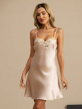 [Pink] SilkSilky  Spaghetti Strap V Neck Nightgown 003