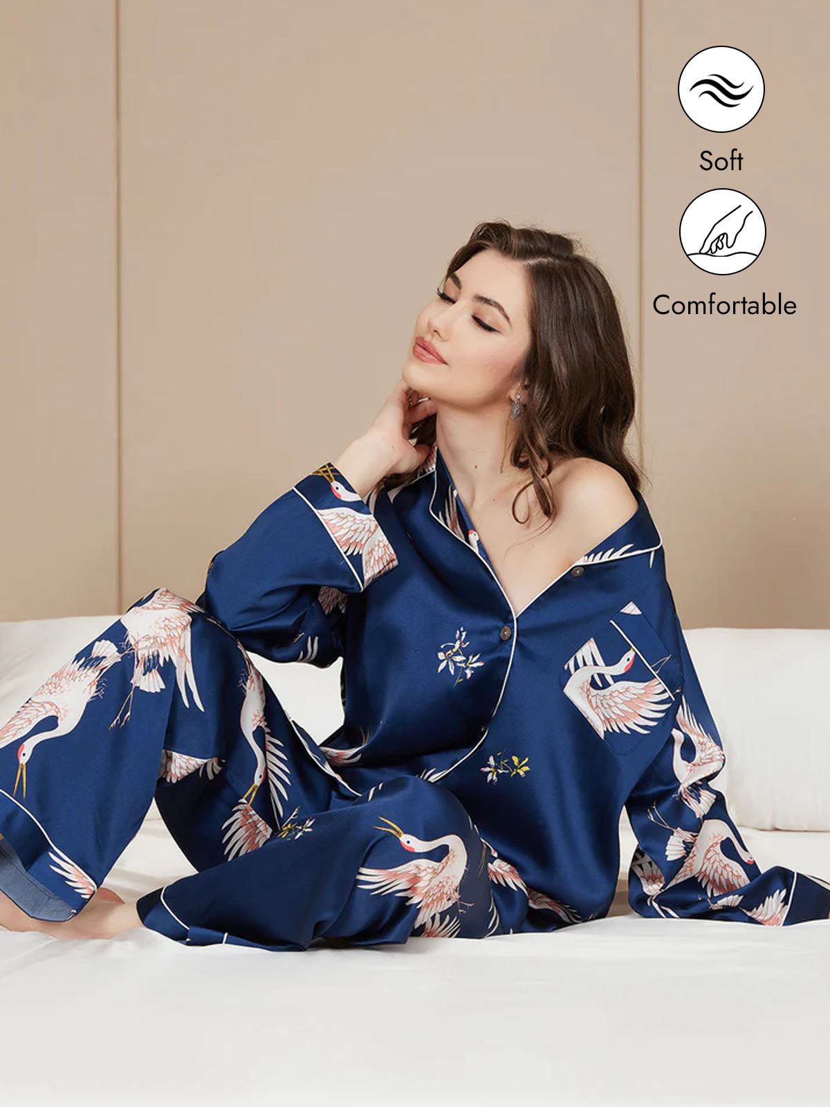 [Dark Blue] SilkSilky  19Momme Pure Silk Long Sleeve Notch Collar Women's Pajamas 001