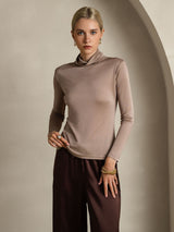 [Khaki] SilkSilky  Silk Jersey Long Sleeve Turtle Neck Women's T-Shirt 001