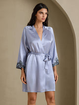 [Steel Blue] SilkSilky  3/4 Sleeve V Neck Nightgown&Robe Set 007
