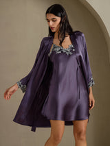 [Purple Gray] SilkSilky  3/4 Sleeve V Neck Nightgown&Robe Set 001