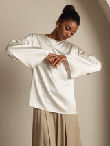 [White] SilkSilky  19Momme Stretch Silk Charmeuse Long Sleeve Boat Neck Blouse 004