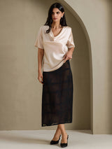 [Beige] SilkSilky  Short Sleeve Cowl Neck Women's Blouse 007