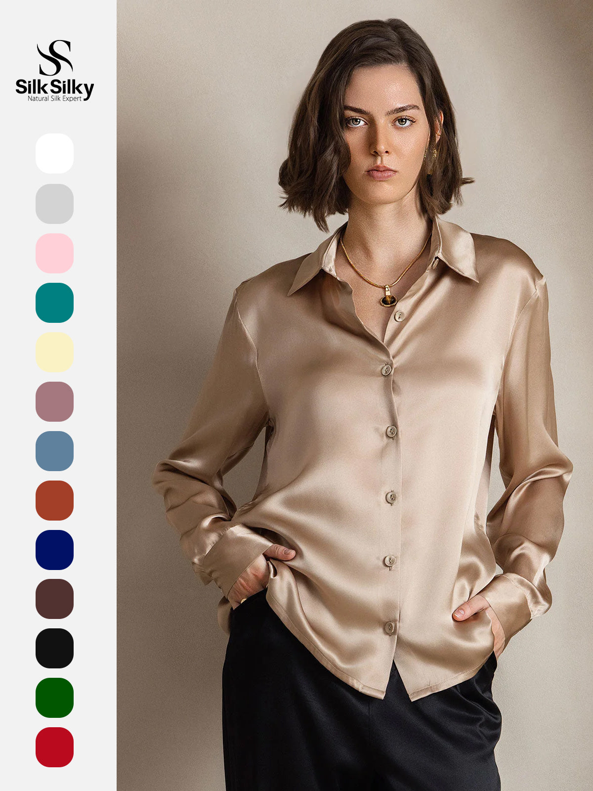 [Champagne] SilkSilky  Silk Long Sleeve Lapel Collar Women's Shirt 001