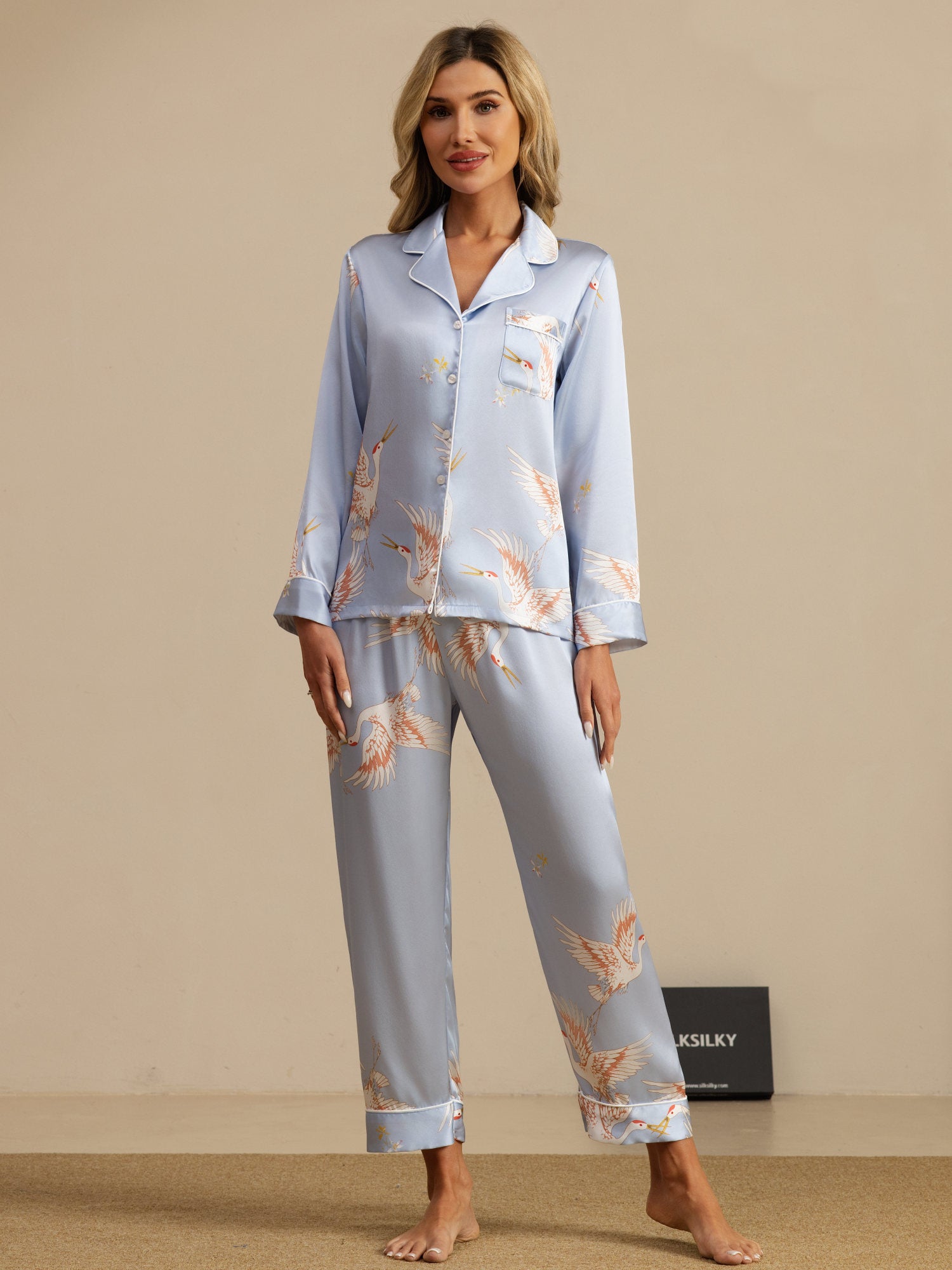 [Light Blue] SilkSilky  19Momme Long Sleeve Notch Collar Women's Pajamas 003