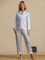 [Light Blue] SilkSilky  19Momme Long Sleeve Notch Collar Women's Pajamas 005