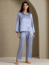 [Steel Blue] SilkSilky  Long Sleeve Lapel Collar Women's Pajamas 001